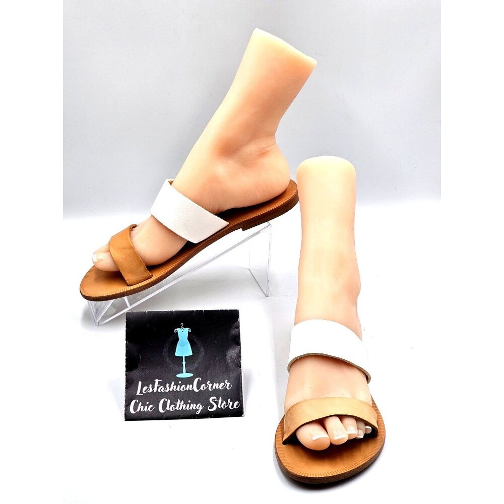 NWOB JOIE Sable Women's Tan White Leather Two Band Shoes Flats Sandals Sz 9 2356